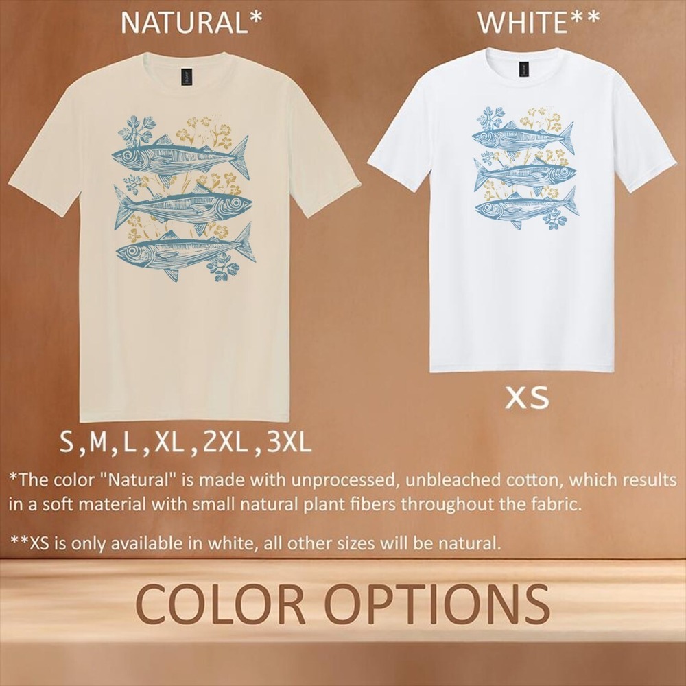 Vintage Fish and Flowers Graphic Tee Natural Botanical Line Art - Picture 5 of 6